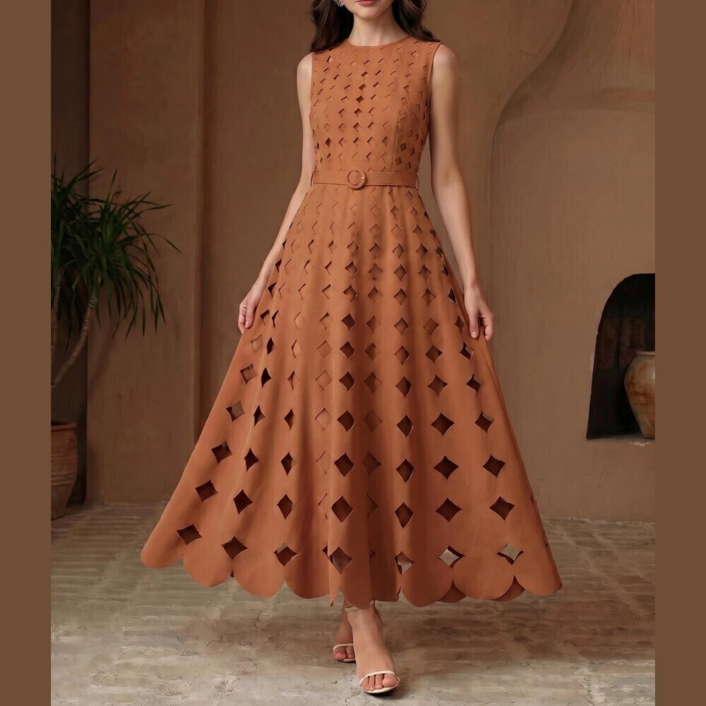 Rust Orange Diamond Laser Cutout Belted Sleeveless Maxi Dress